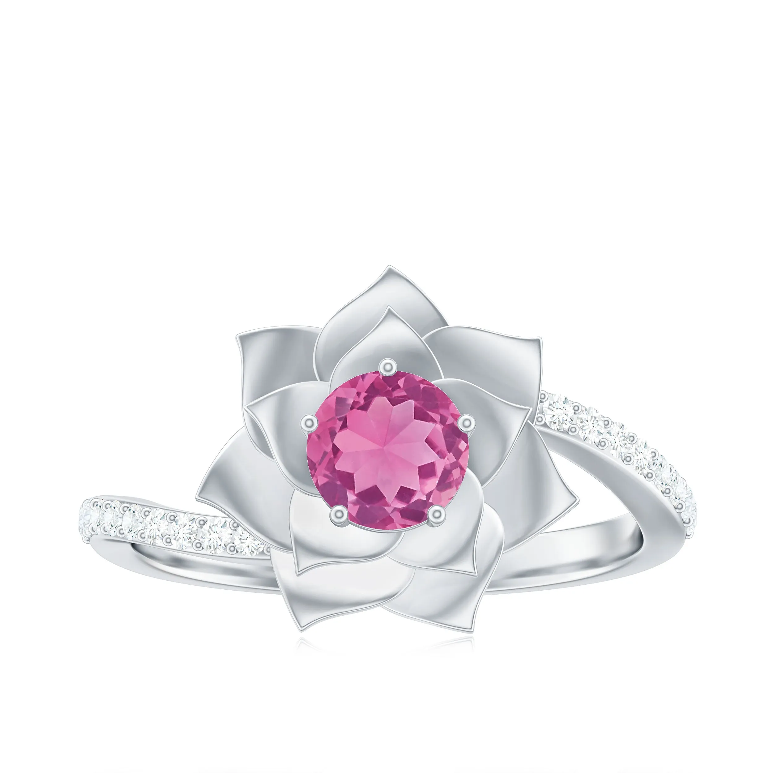 Pink Tourmaline and Diamond Flower Engagement Ring with Bypass Shank