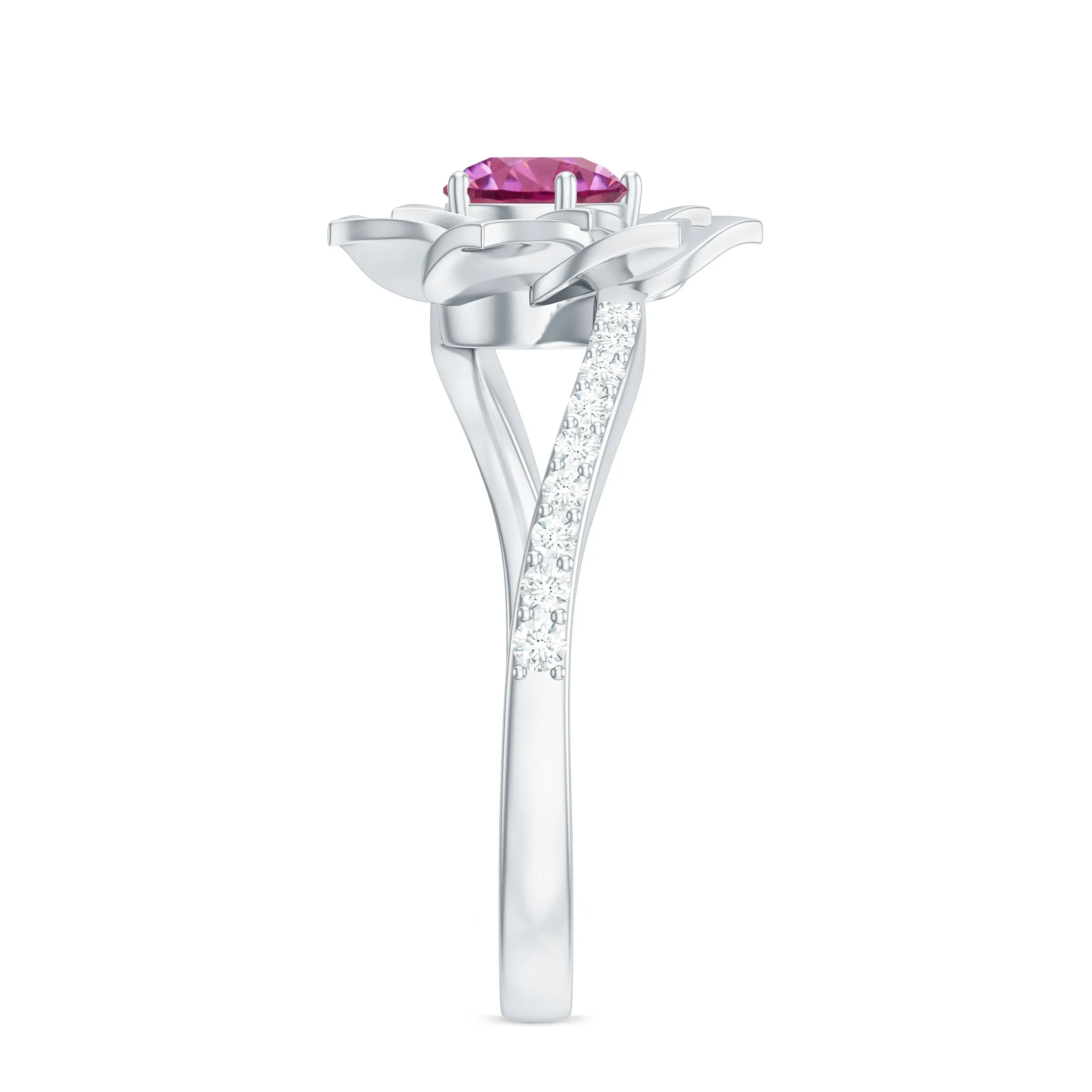 Pink Tourmaline and Diamond Flower Engagement Ring with Bypass Shank