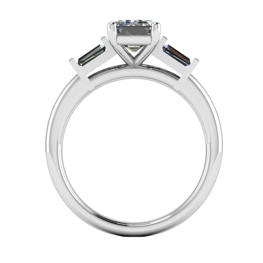 "Elise" Three Stone Emerald Cut Diamond with Tapered Baguette Sides Trilogy Engagement Ring 3SEC50