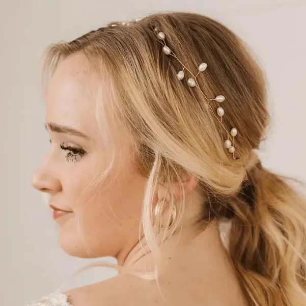 "Livie" Minimalist Gold, Pearl & Satin Vine