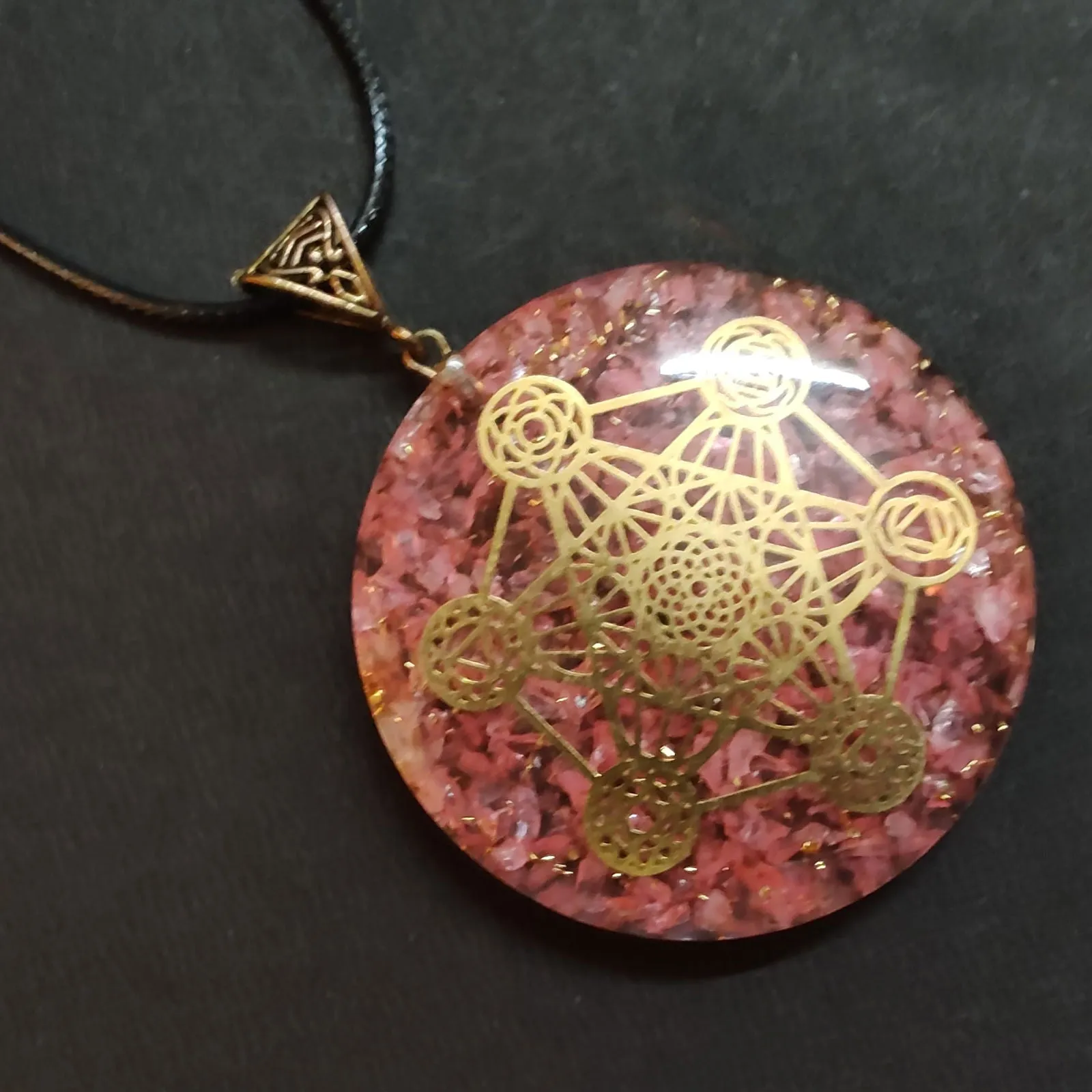 Rose Quartz Necklace Round Pink Gemstone Pendant with Copper Coil