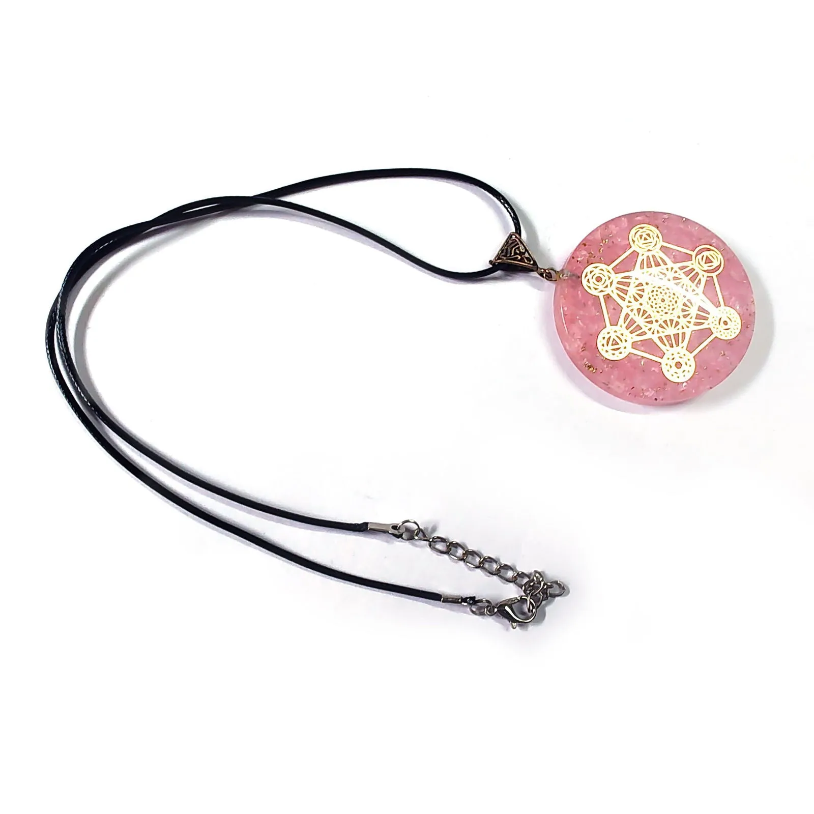 Rose Quartz Necklace Round Pink Gemstone Pendant with Copper Coil