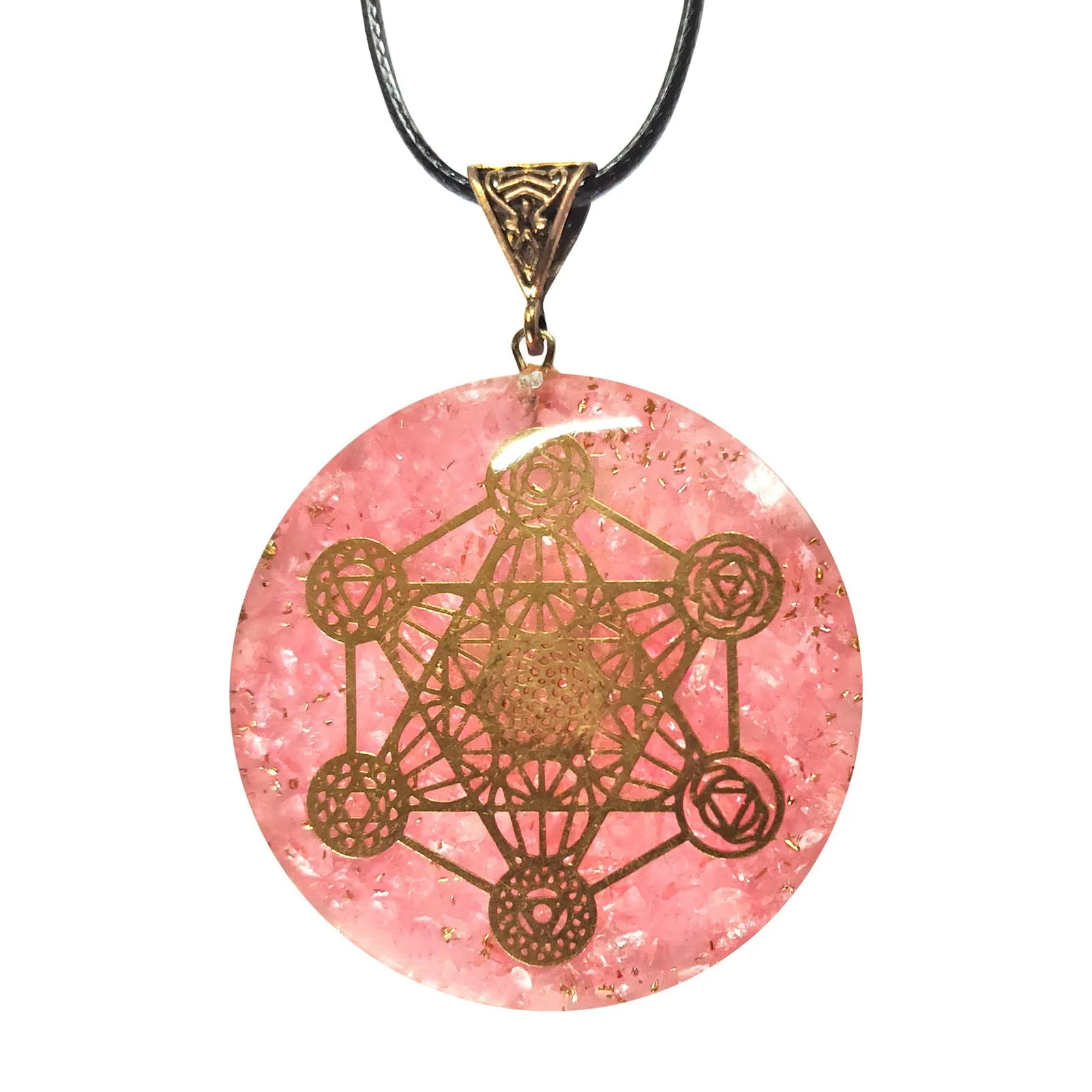 Rose Quartz Necklace Round Pink Gemstone Pendant with Copper Coil
