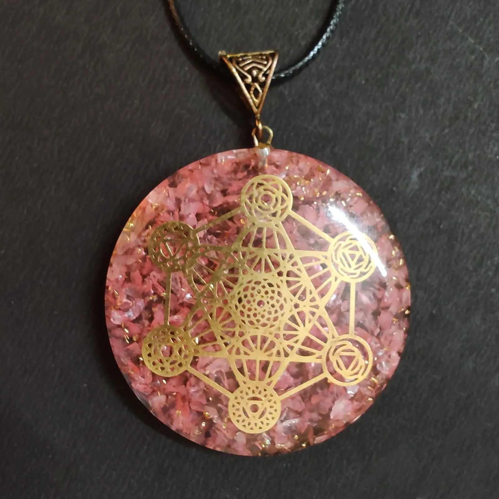 Rose Quartz Necklace Round Pink Gemstone Pendant with Copper Coil