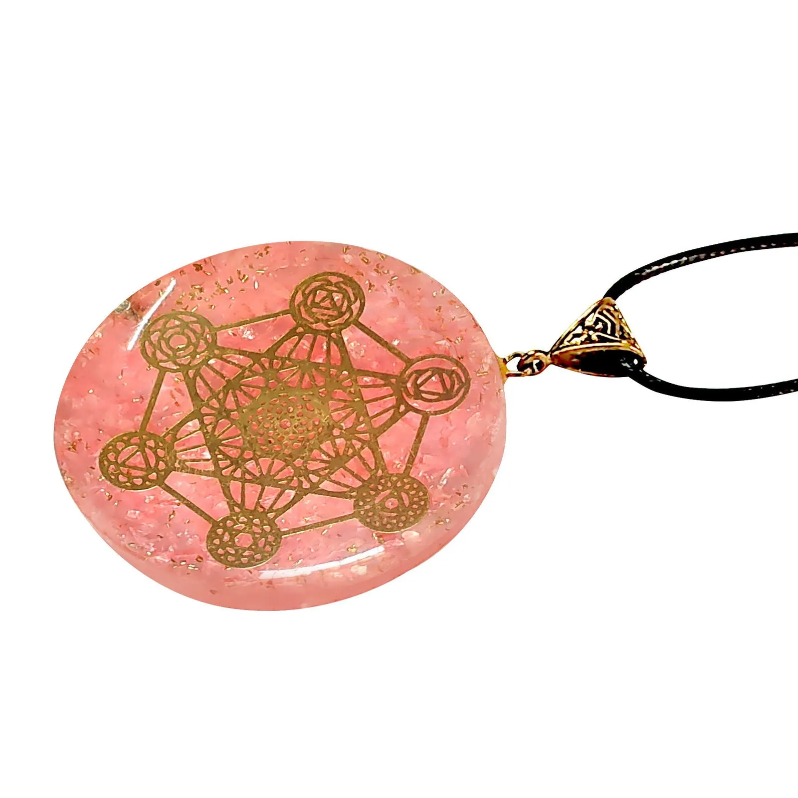 Rose Quartz Necklace Round Pink Gemstone Pendant with Copper Coil