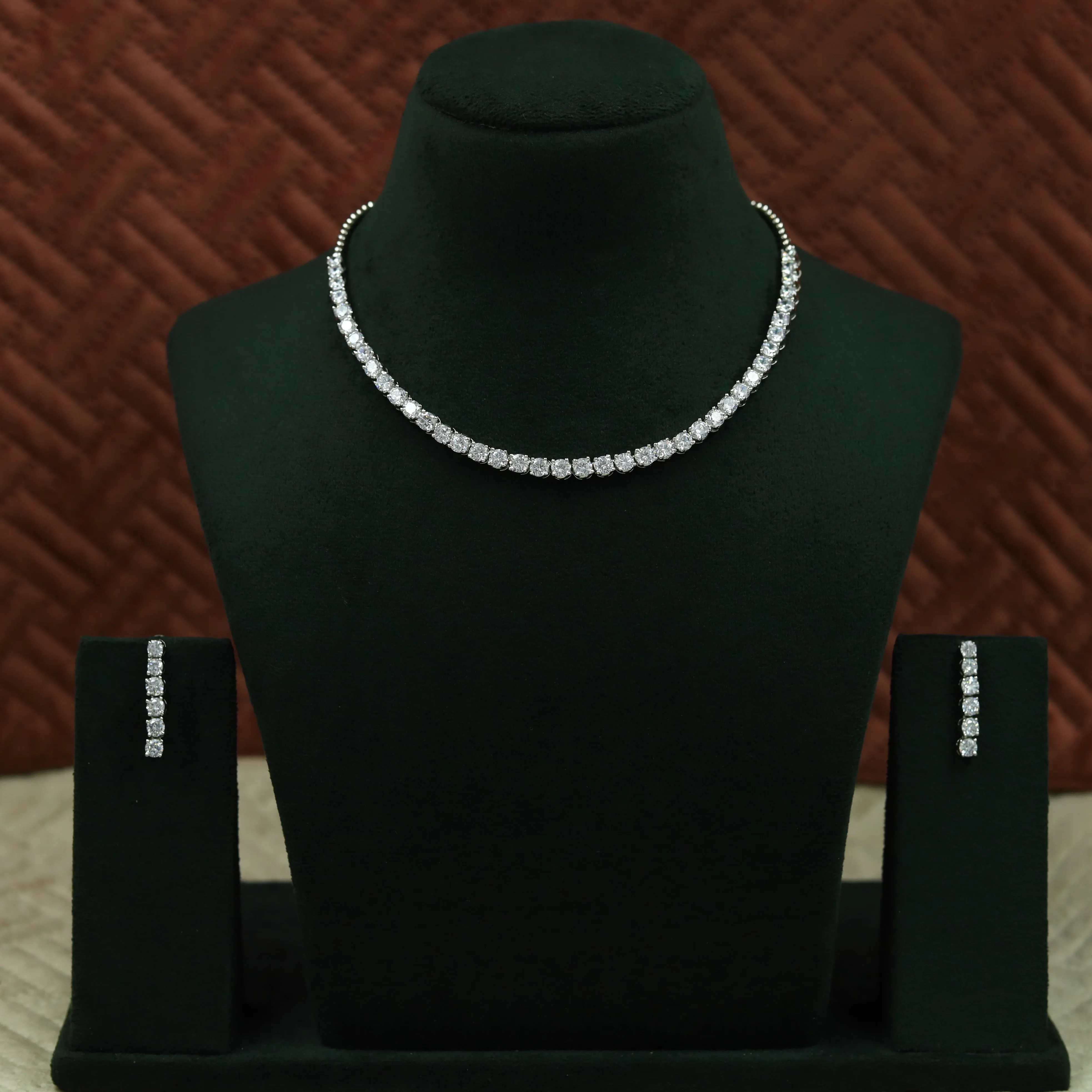 Round Neck Zircon/AD Necklace Set 12973-34