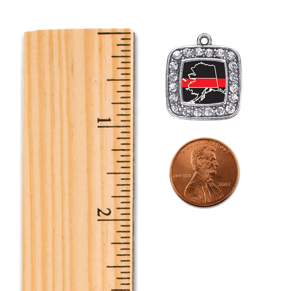 Silver Alaska Thin Red Line Square Charm Braided Bracelet