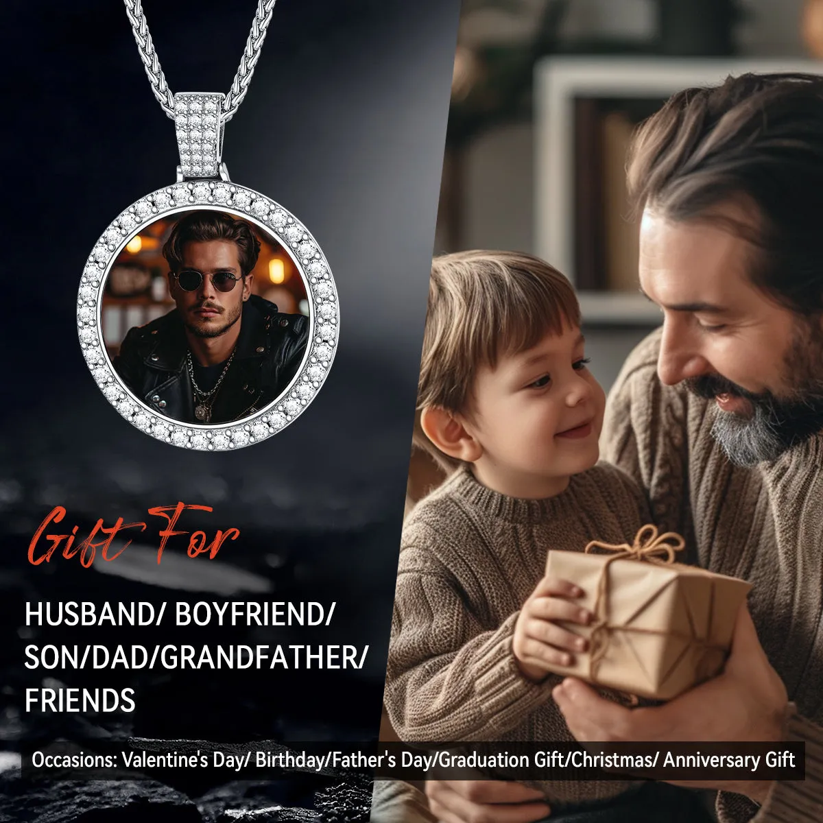 Silver Customized Cubic Zirconia Picture Necklace Memorial Pendant for Men