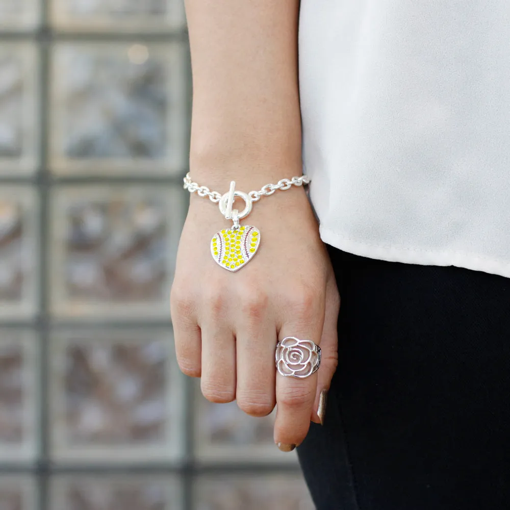 Silver Tennis or Softball Heart Charm Toggle Bracelet