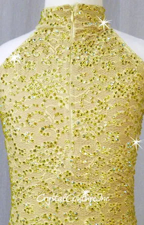 Yellow/Nude High-Neck Floral Lace Leotard with Mesh Back - Swarovski Rhinestones