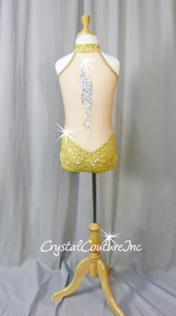 Yellow/Nude High-Neck Floral Lace Leotard with Mesh Back - Swarovski Rhinestones